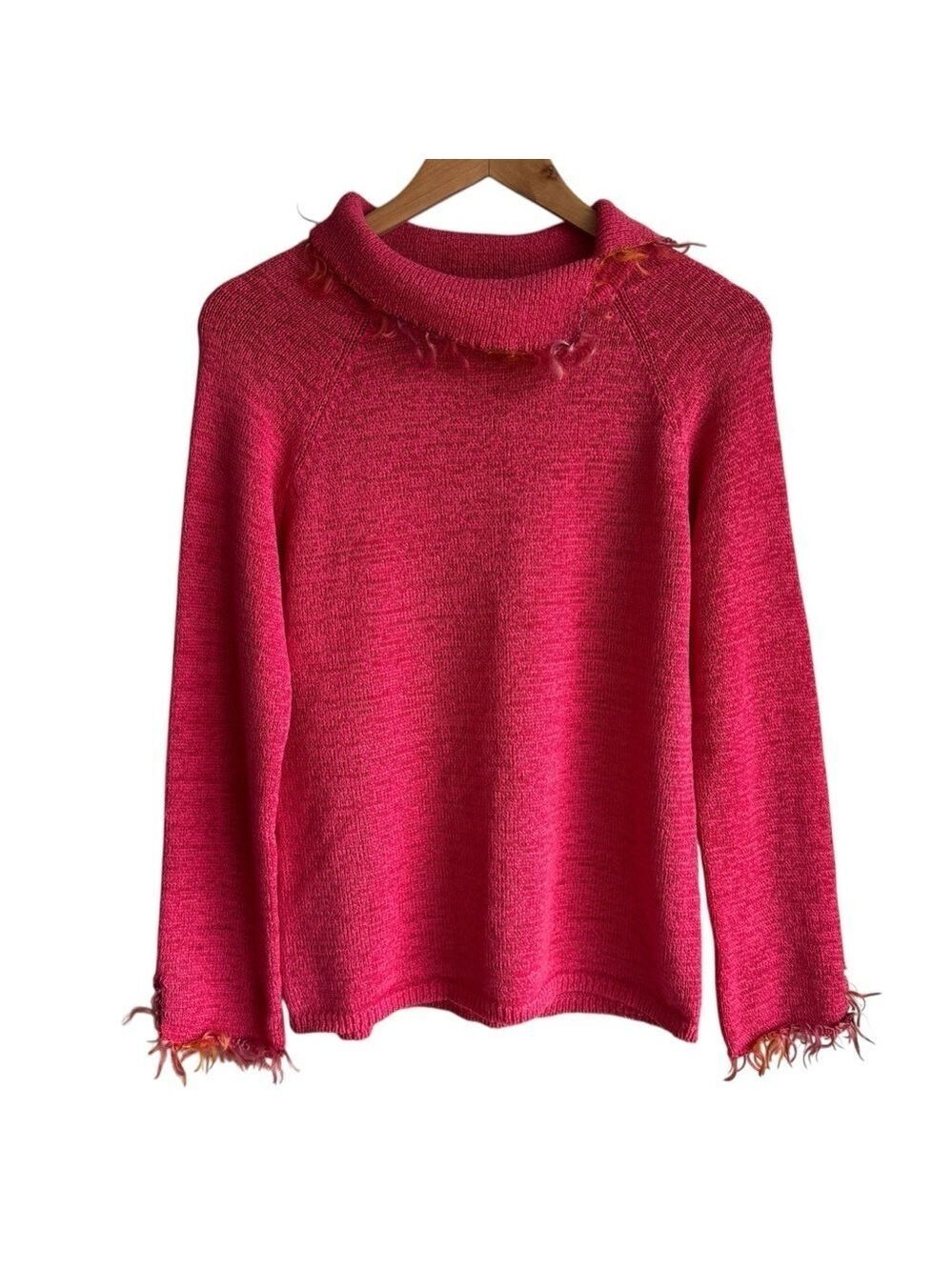 Susan Bristol Funky Pink Sweater Sz M Knit Turtleneck Orange Fringe Artsy EUC